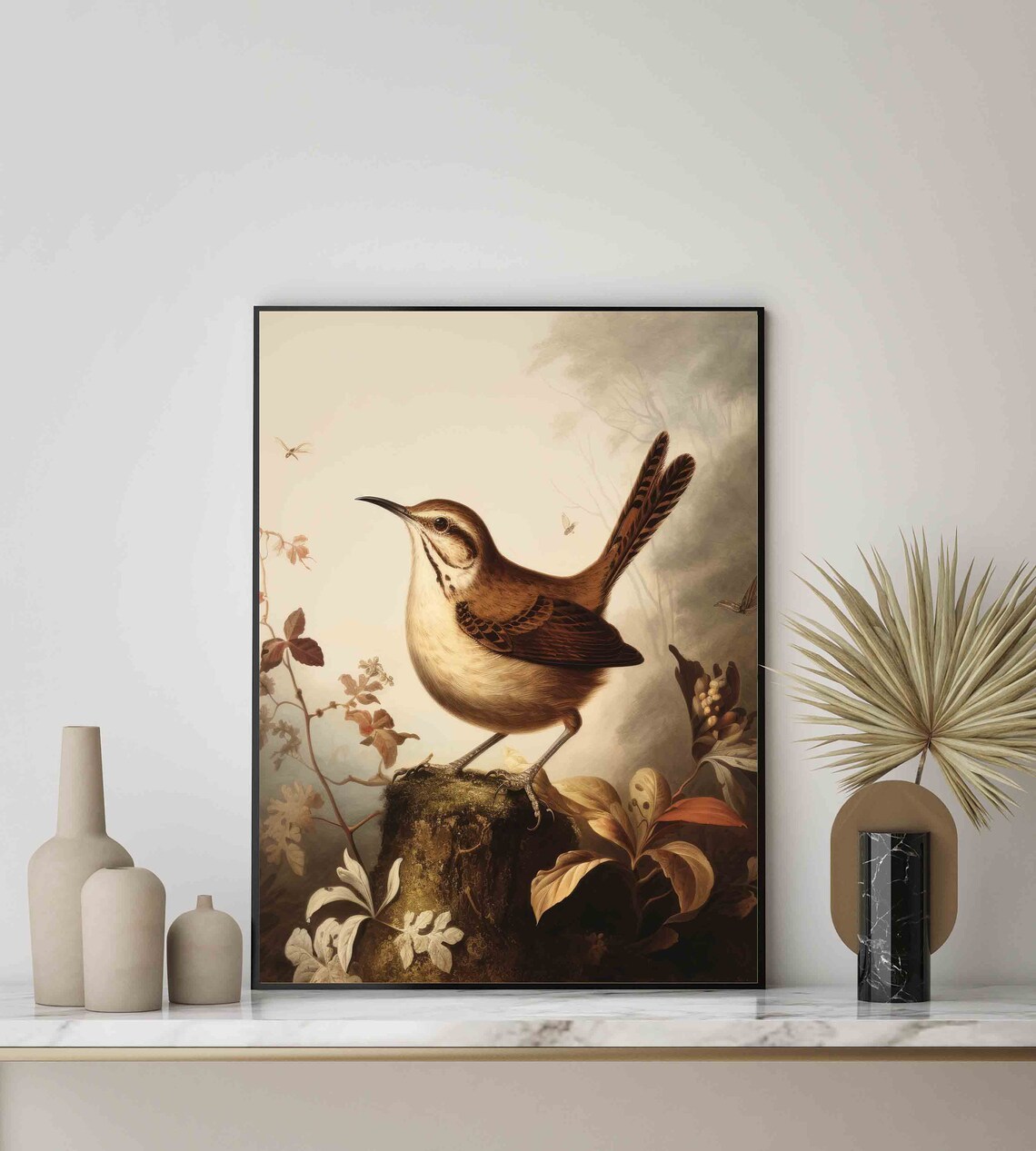 Wren Bird Vintage Naturalist Illustration Mossy Stump Poster - Image 2
