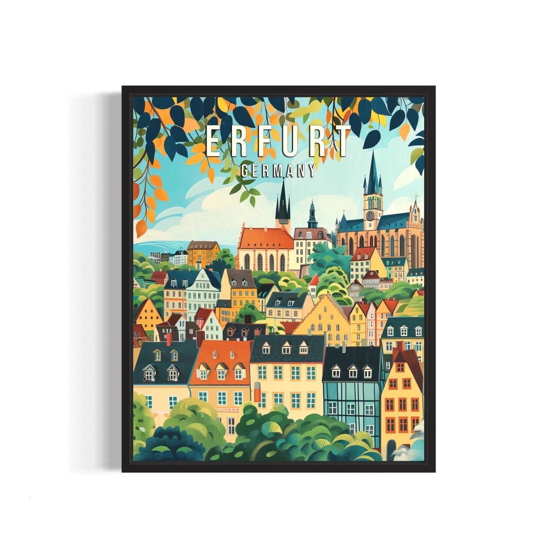 Erfurt Germany Historic Old Town Churches Illustrated Poster
