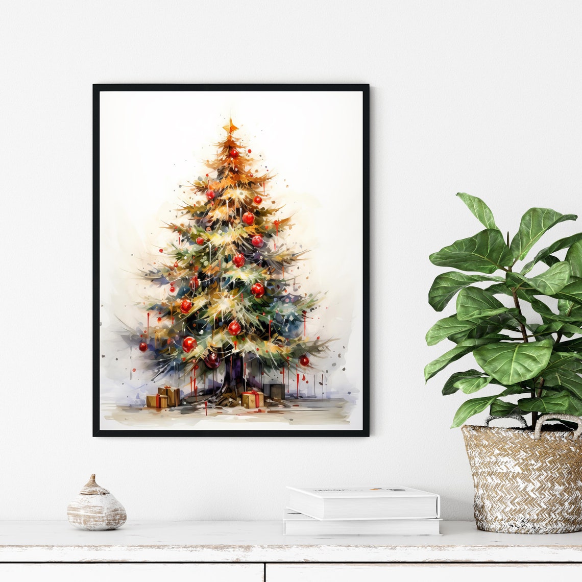 Watercolor Christmas Tree With Red Ornaments Holiday Art Print - Image 2