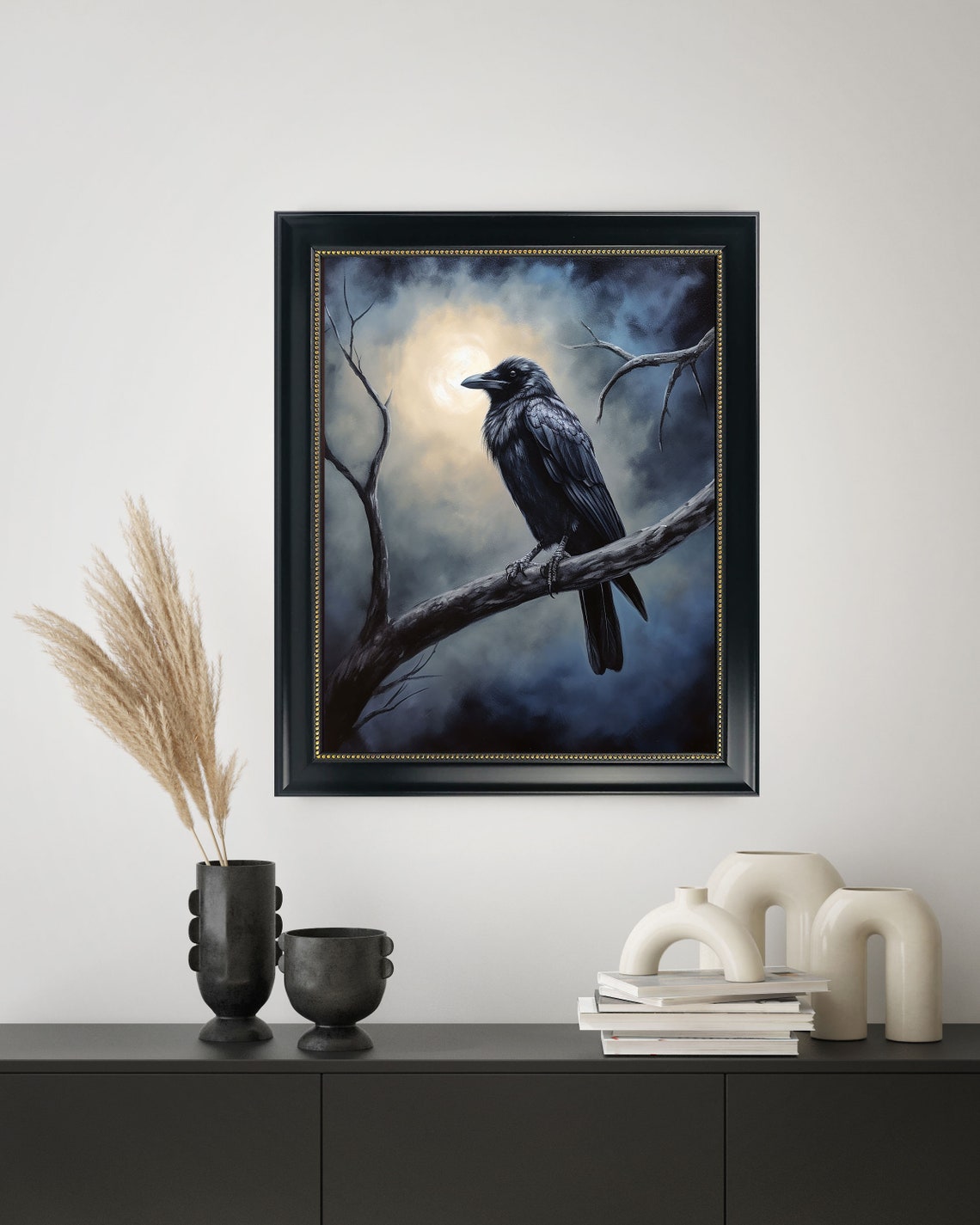 Crow Perched On Branch Under Moonlight Gothic Dark Bird Art Poster - Image 3