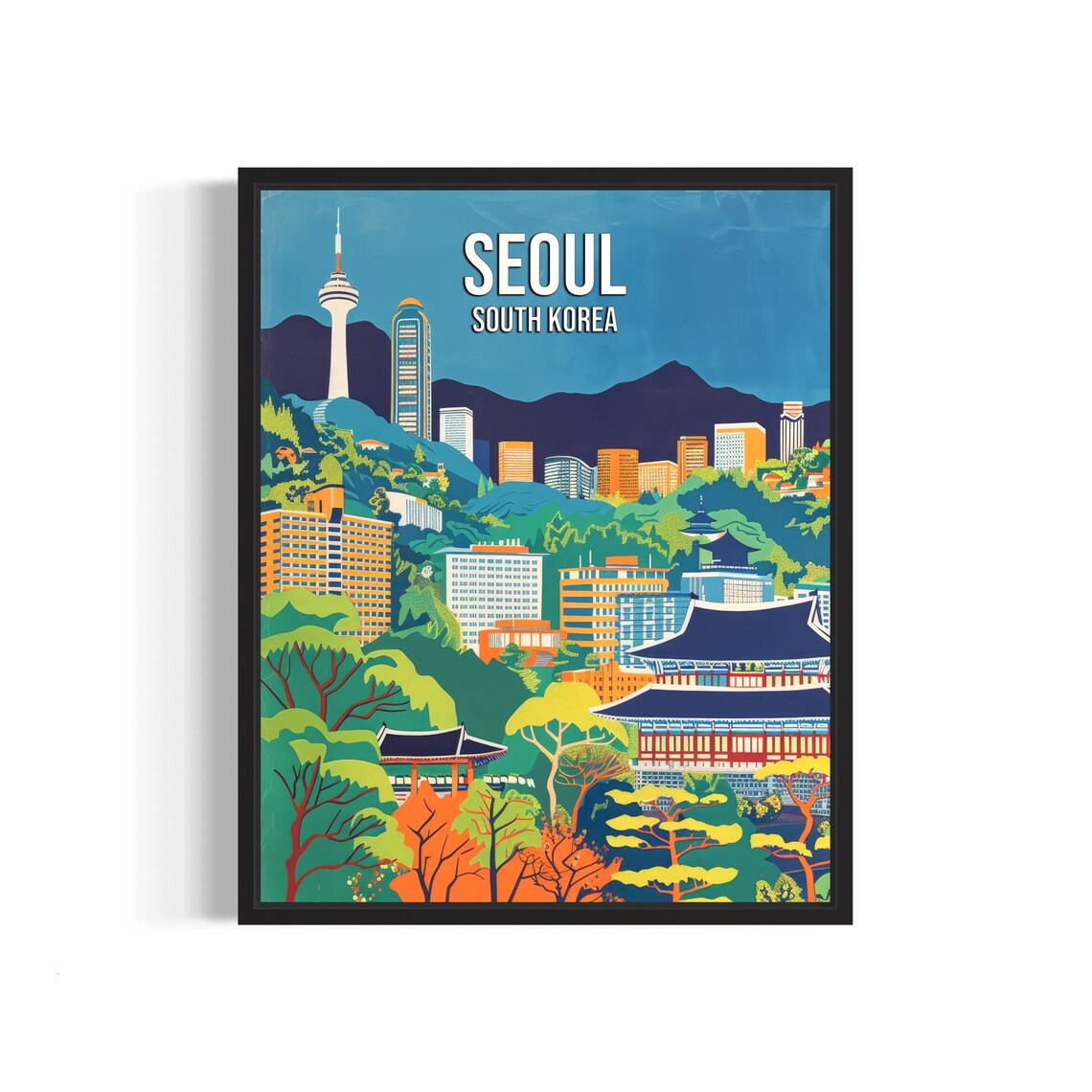 Seoul South Korea Retro Skyline N Seoul Tower Vintage Travel Poster