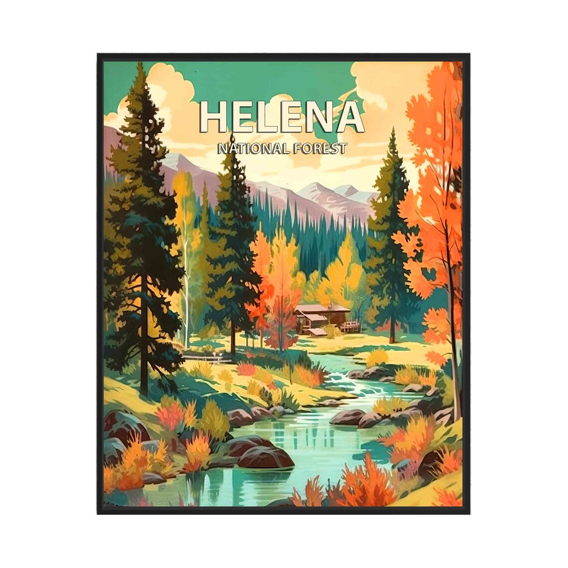 Helena National Forest Montana Retro Autumn Creek Cabin Poster
