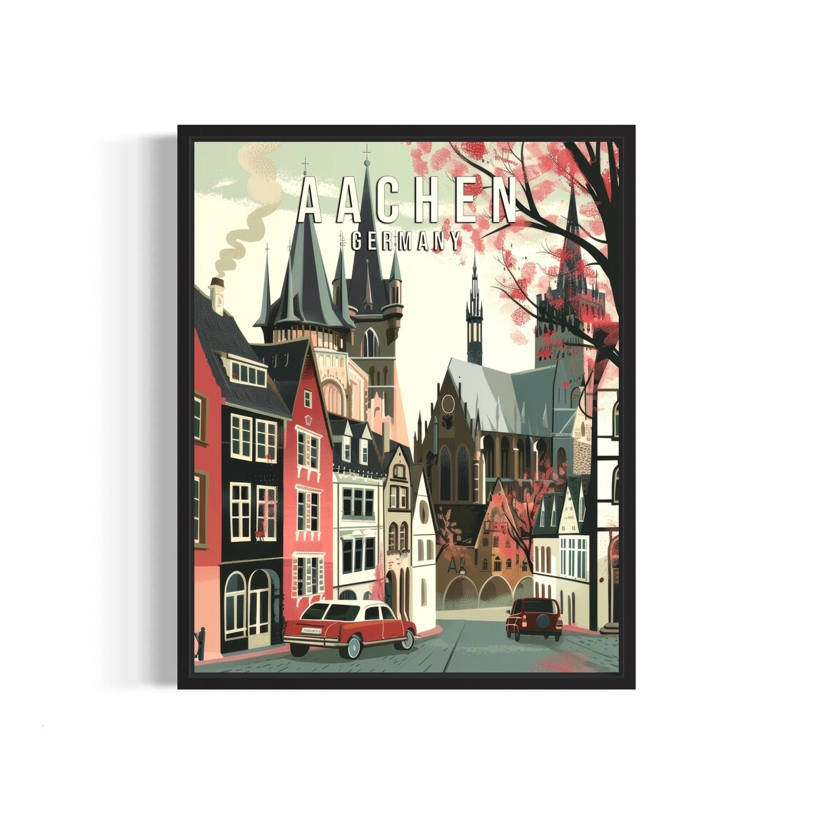Aachen Germany Cathedral Old Town Street Classic Cars Art Poster