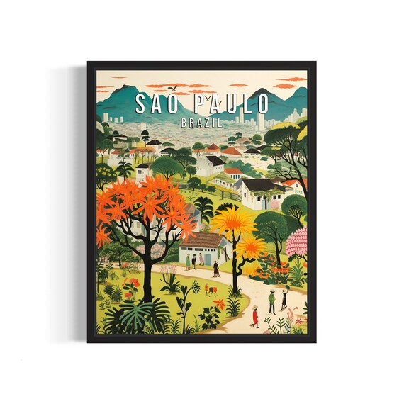 Sao Paulo Brazil Hillside Houses Tropical Flowering Trees Travel Poster