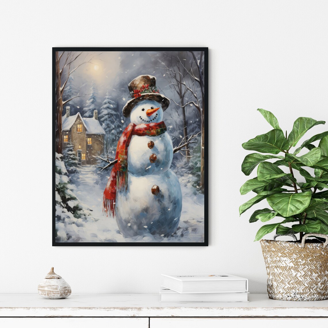 Jolly Snowman In Red Scarf Moonlit Snowy Village Winter Poster - Image 3