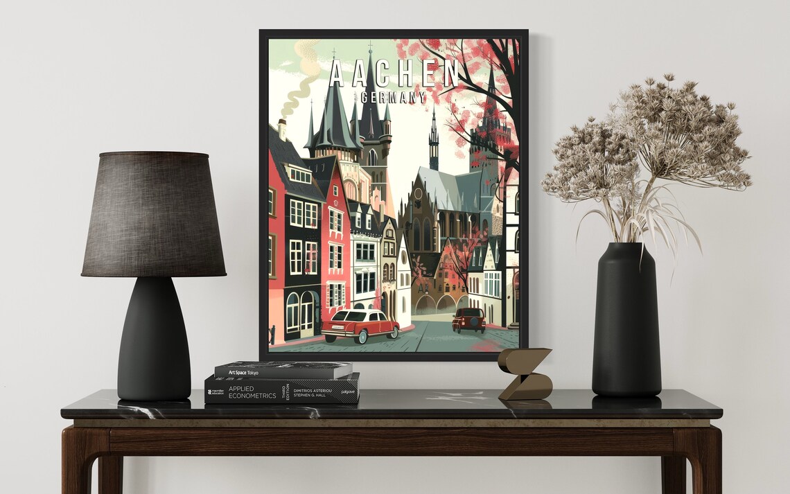 Aachen Germany Cathedral Old Town Street Classic Cars Art Poster - Image 3