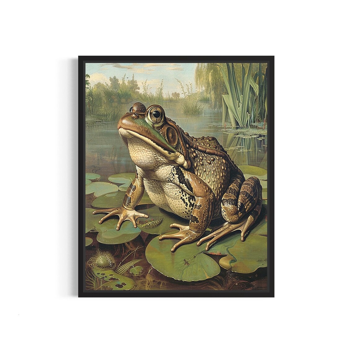 Bullfrog on Lily Pads Pond Vintage Wildlife Painting Wall Art