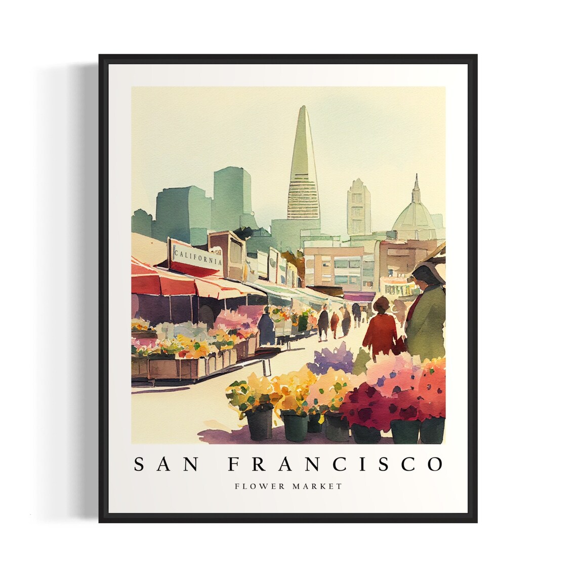 San Francisco Flower Market Watercolor Skyline Botanical Art Poster
