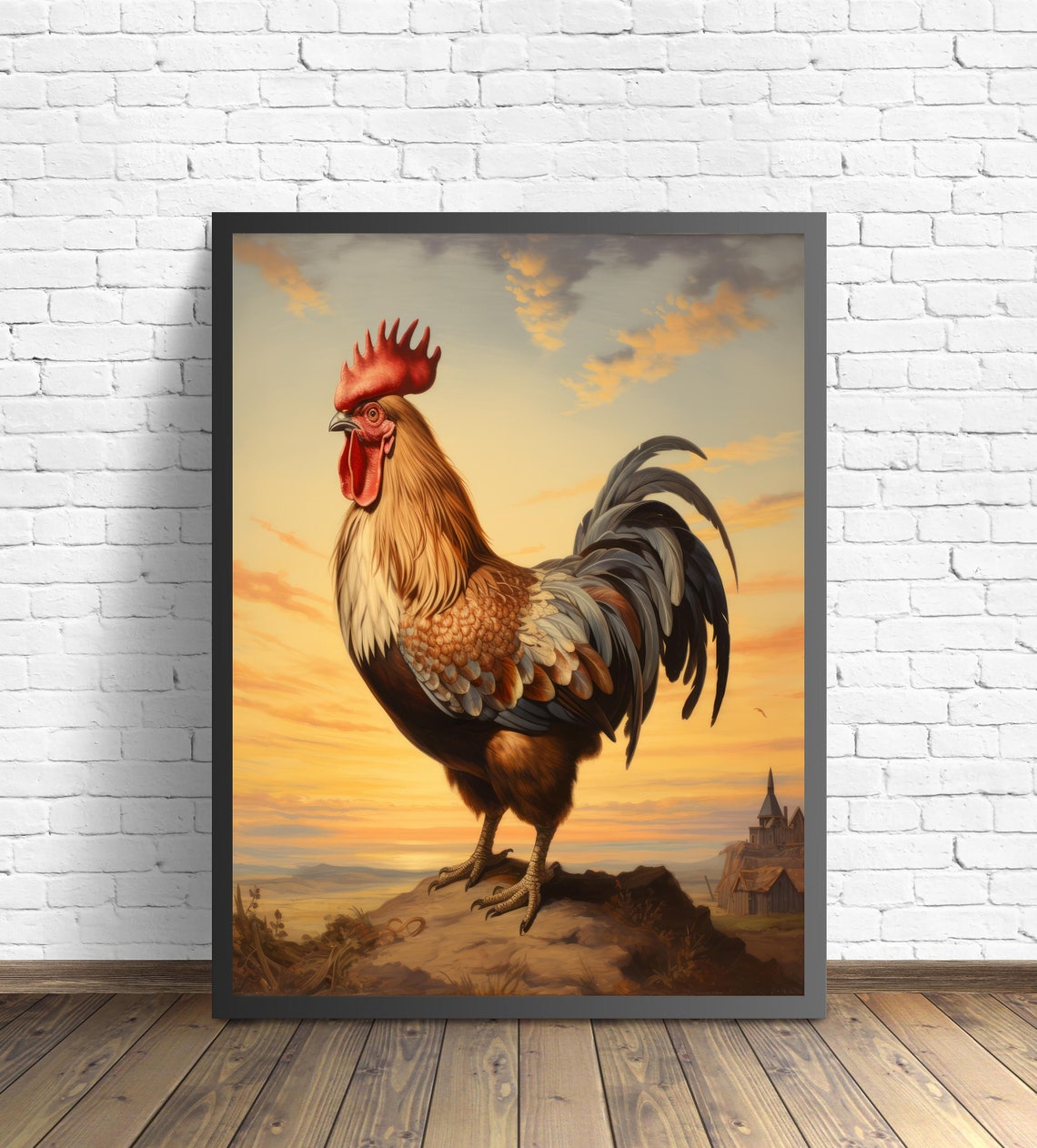 Golden Leghorn Rooster Crowing At Sunset Over The Valley Poster - Image 2