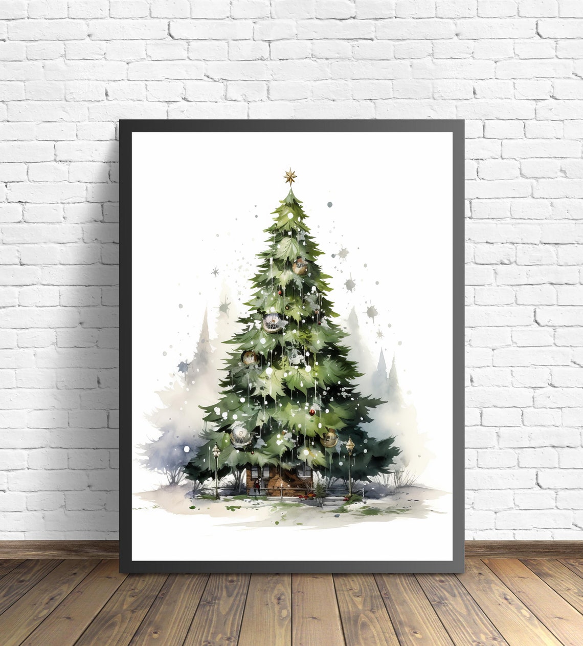 Minimal Watercolor Christmas Tree with Gold Star Topper Poster Art - Image 3
