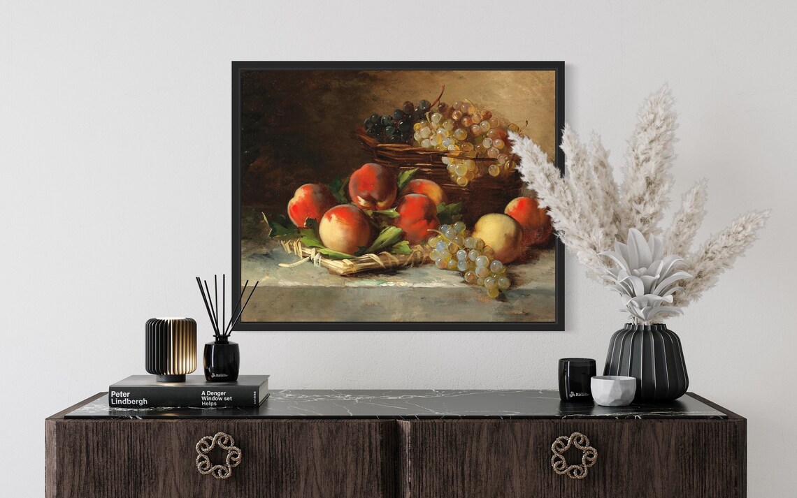 Fruit Still Life Basket Of Grapes Peaches Pears Vintage Art Poster - Image 3