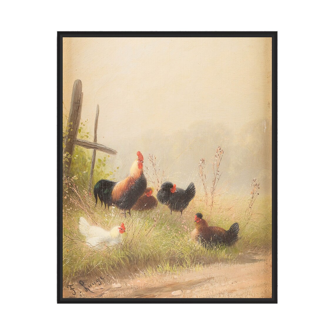 Vintage Roadside Chickens And Rooster Peaceful Pastoral Scene Poster