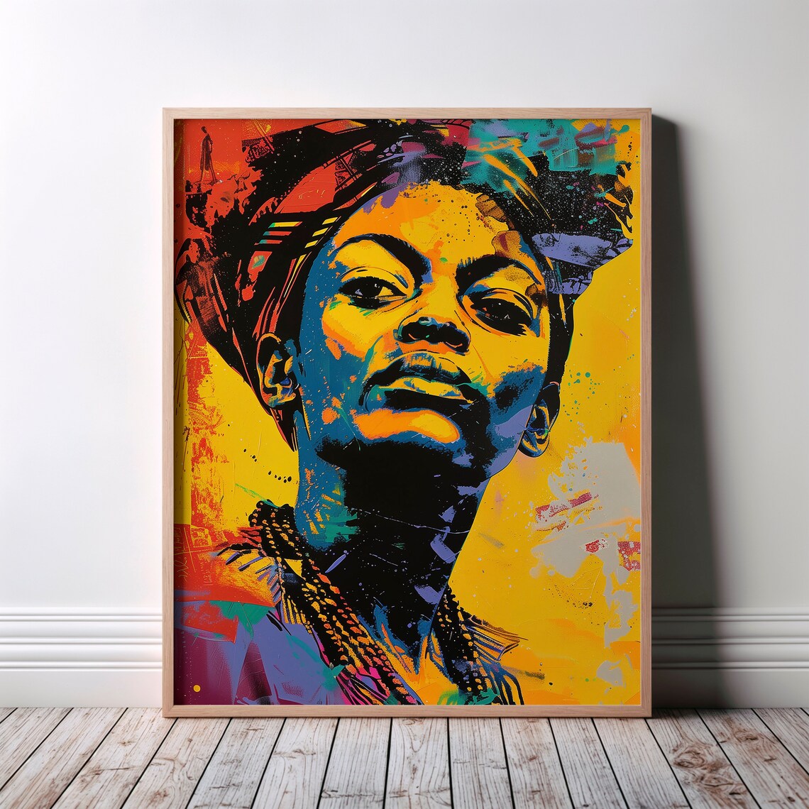 Neon African Woman Pop Art Portrait Bright Yellow Blue Poster