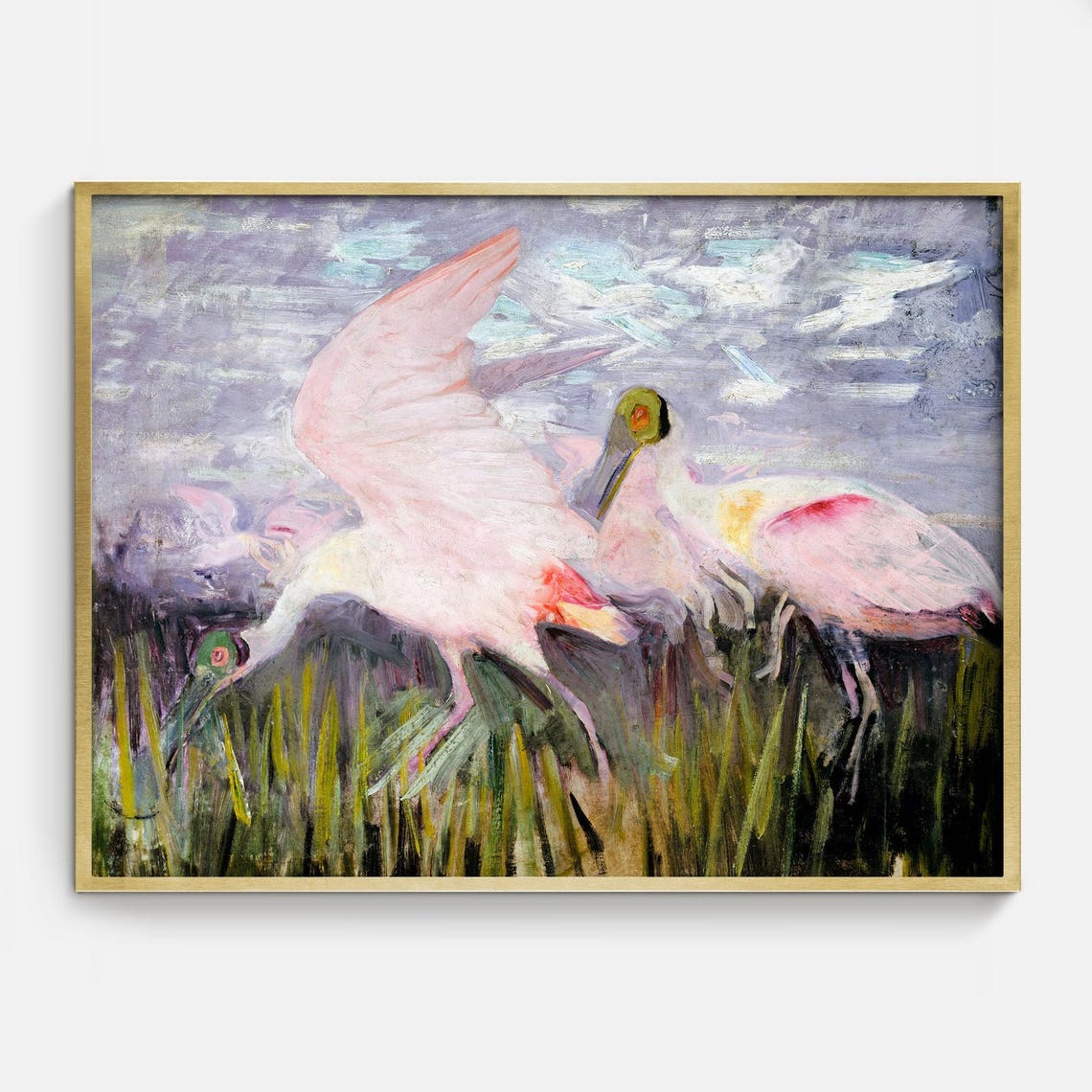 Roseate Spoonbill Marsh Painting Pink Wading Birds Vintage Art Print