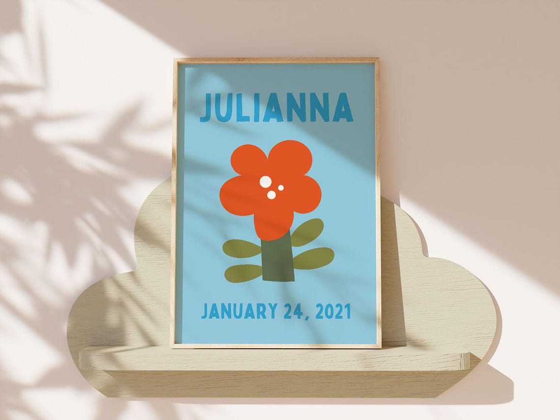 Julianna Personalized Name Birthdate Orange Flower Nursery Poster - Image 4