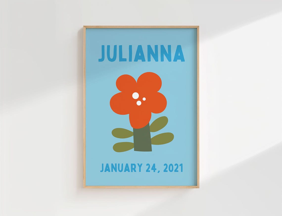 Julianna Personalized Name Birthdate Orange Flower Nursery Poster - Image 2