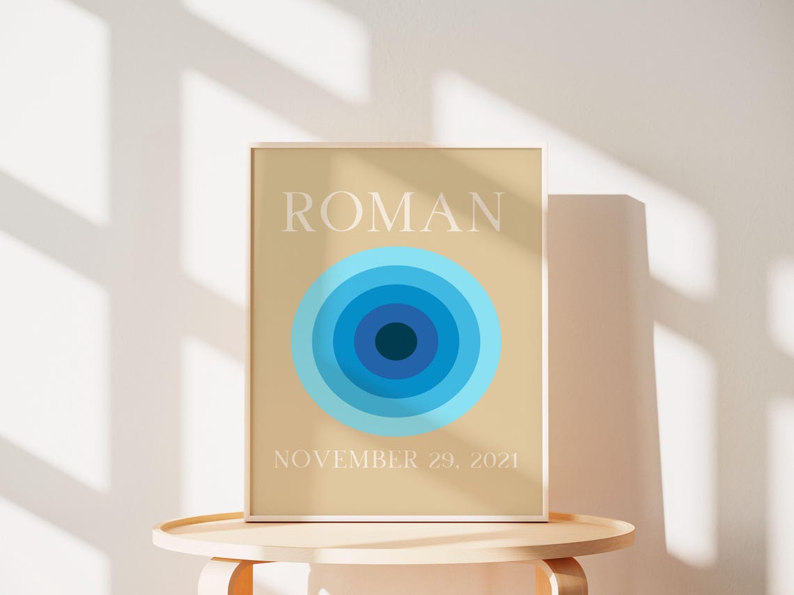 Roman Personalized Name Birthdate Blue Circle Nursery Poster - Image 3