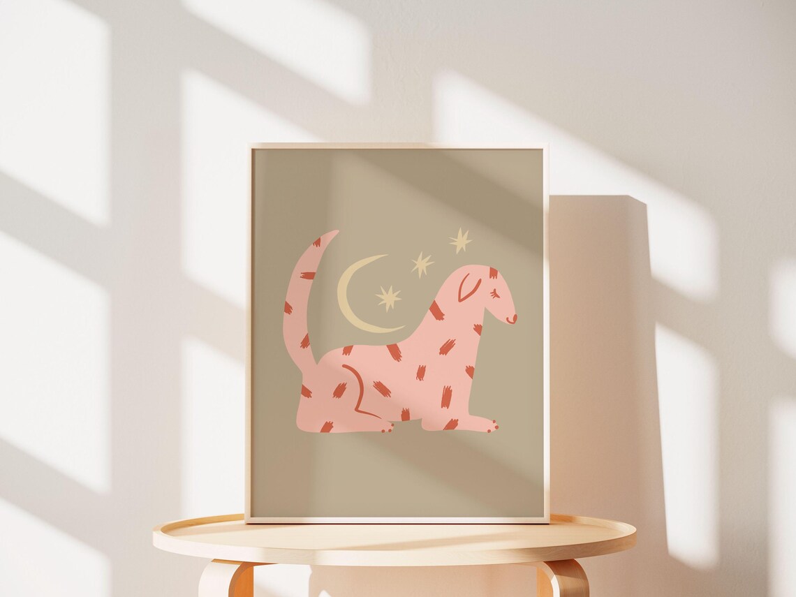 Boho Pink Spotted Dog Moon Stars Sage Nursery Bedroom Wall Art - Image 4