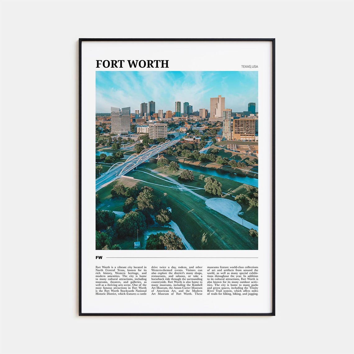 Fort Worth Texas Skyline Aerial Photo Downtown Greenways Travel Poster