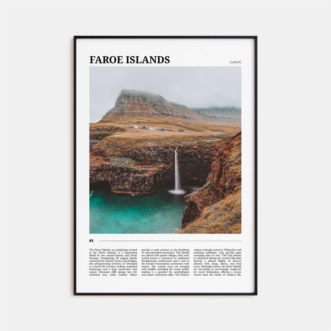 Faroe Islands Travel Poster Sea Cliffs Waterfall Nordic Landscape View