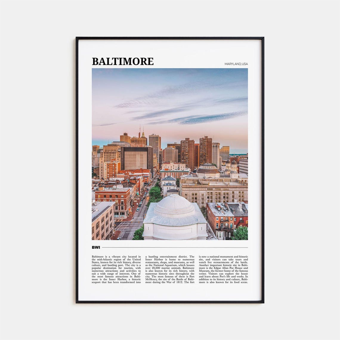 Baltimore Maryland City Skyline Aerial Travel Poster Photo Art