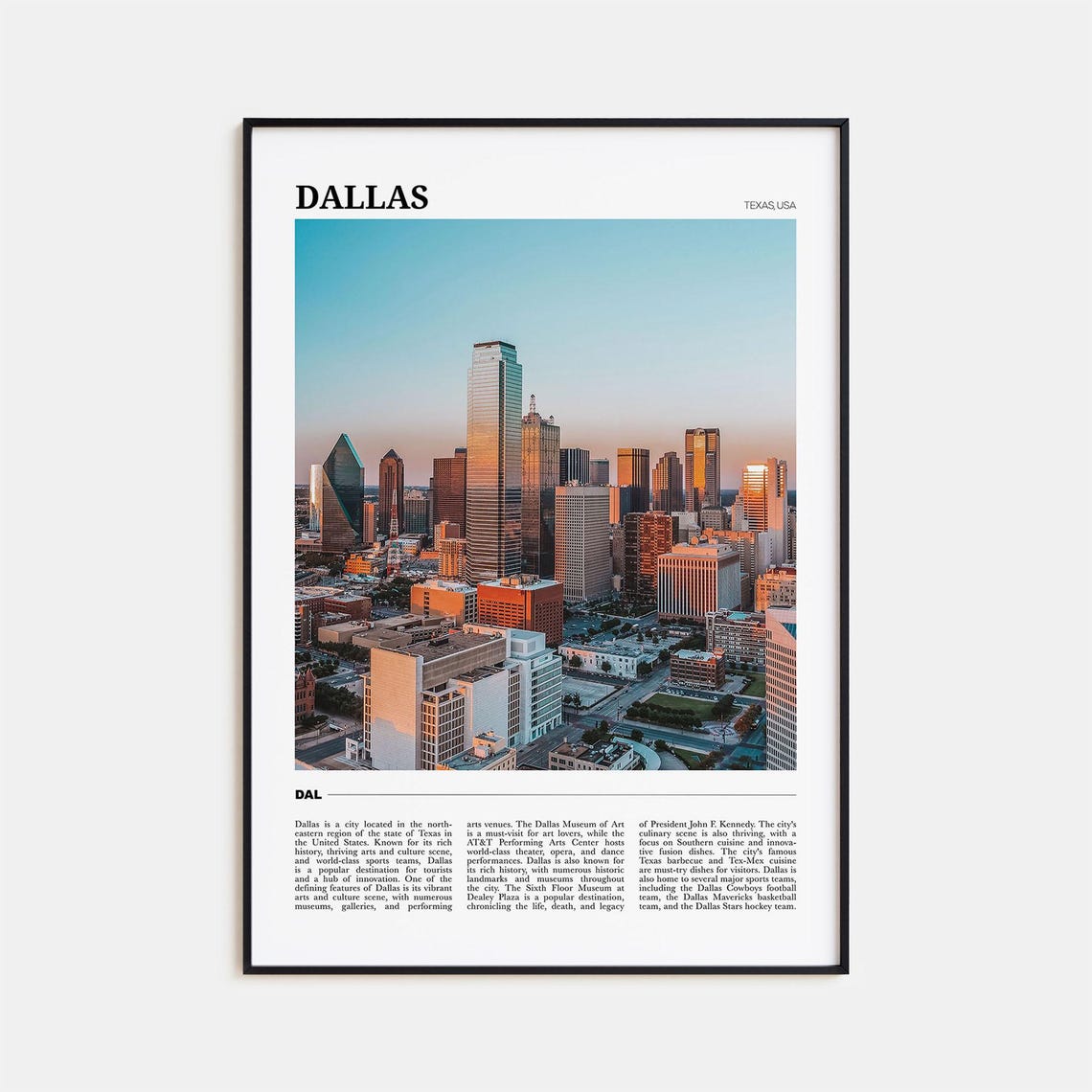 Dallas Texas Downtown Skyline Golden Hour Travel Poster Series