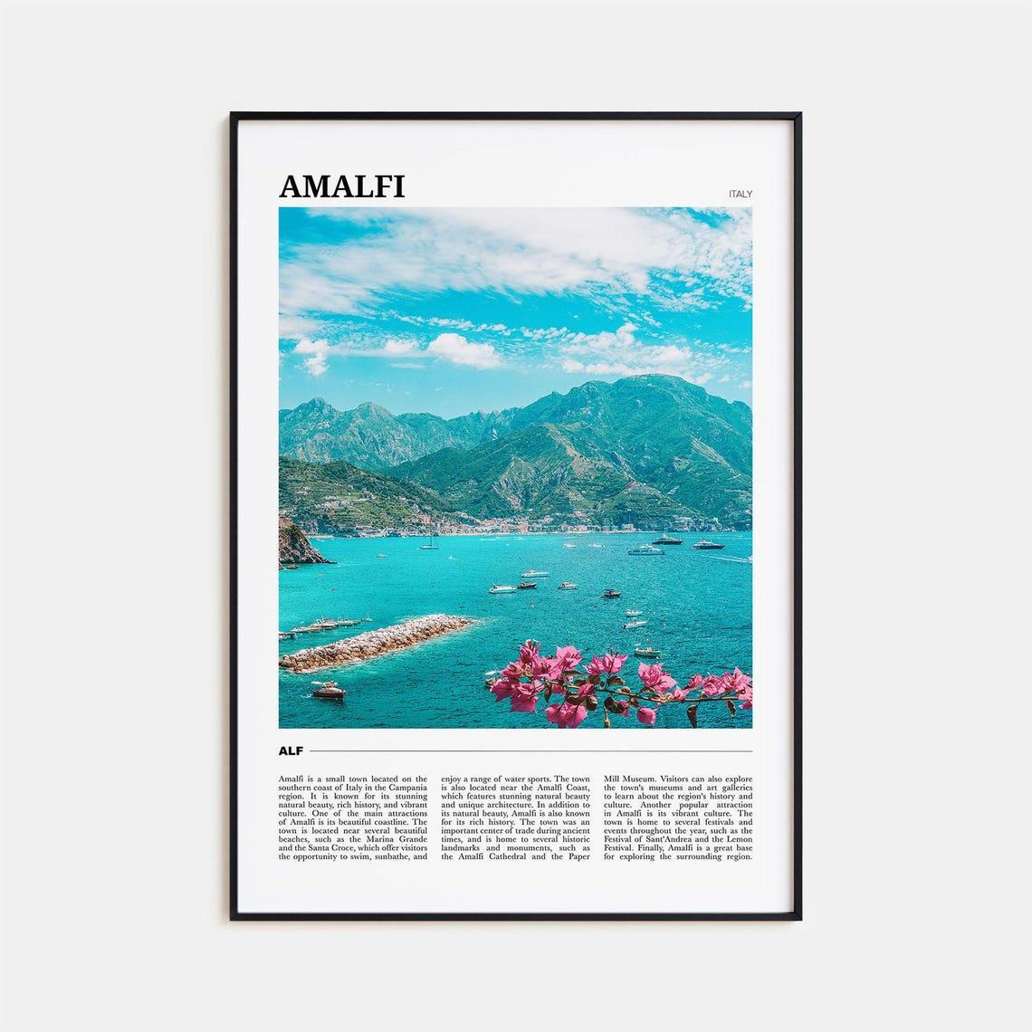 Amalfi Italy Coastline Boats Turquoise Sea Mountain Travel Poster