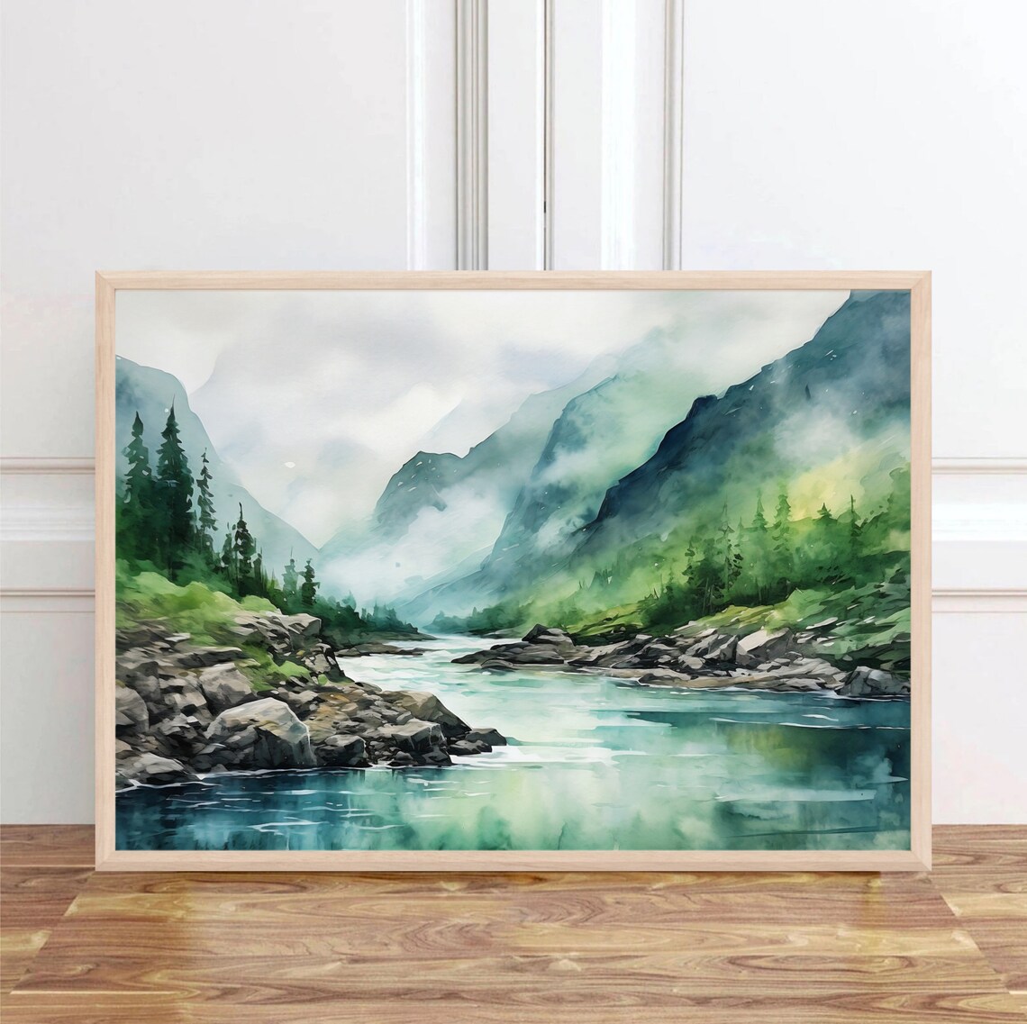Mountain River Watercolor Print, Misty Forest Landscape - Image 5