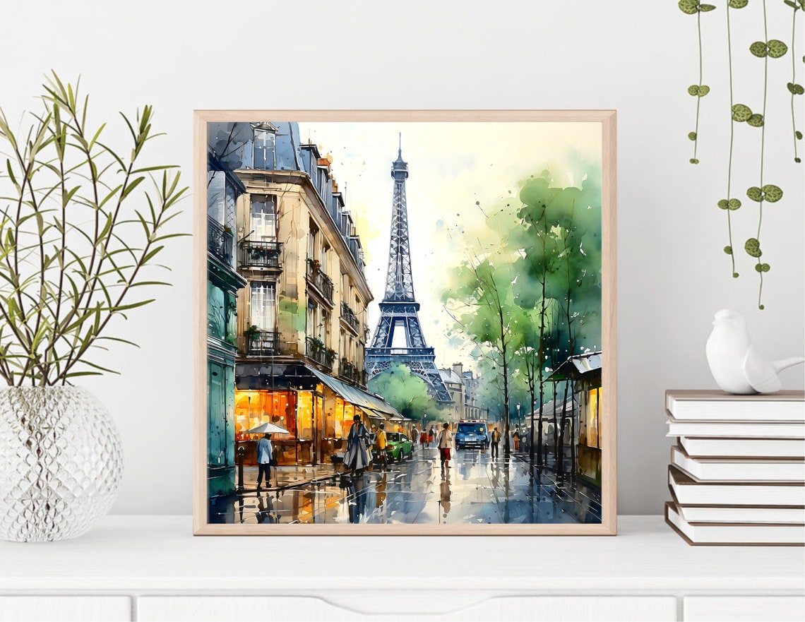 Paris Eiffel Tower Rainy Evening Street Cafe Watercolor Poster - Image 5