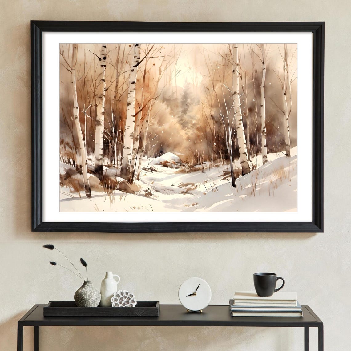 Birch Forest Snow Golden Winter Light Trees Watercolor Art Poster - Image 2