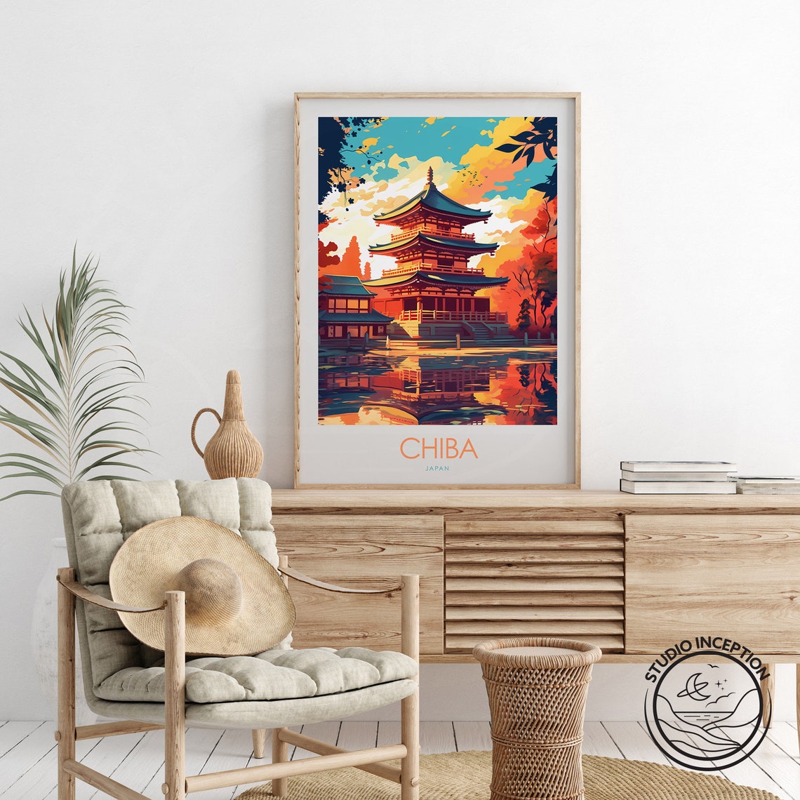 Chiba Japan Temple Pagoda Reflection Sunset Lake Travel Poster Art - Image 2