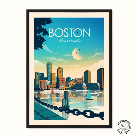 Boston Massachusetts Skyline Travel Poster, Wall Art Print