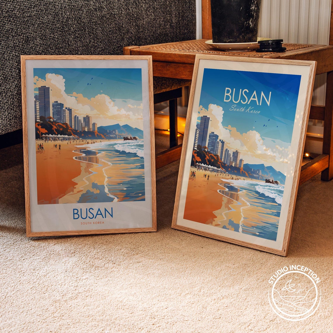 Busan South Korea Beachfront Skyline and Waves Minimal Travel Poster - Image 2
