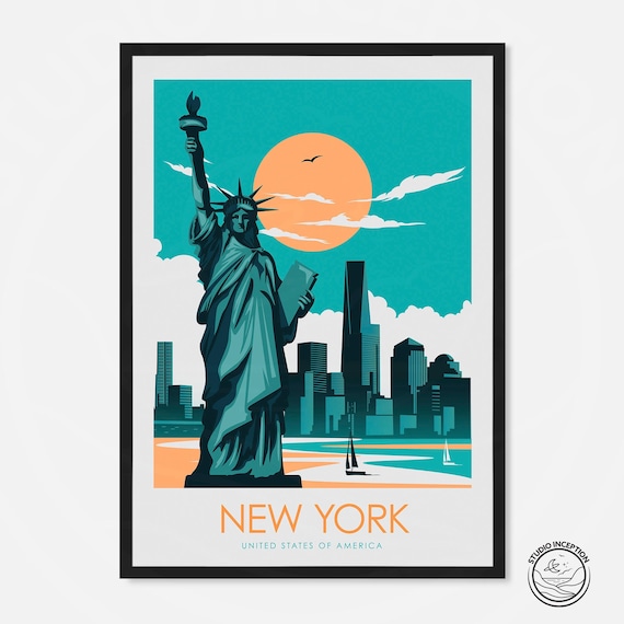 New York Travel Poster, USA Skyline and Liberty
