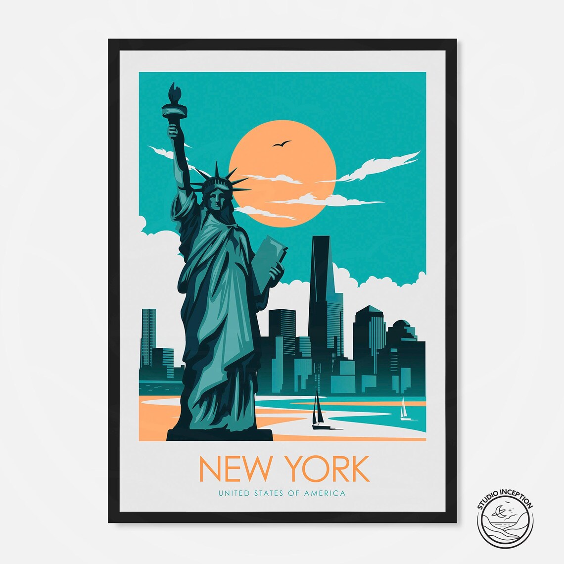 New York Travel Poster, USA Skyline and Liberty