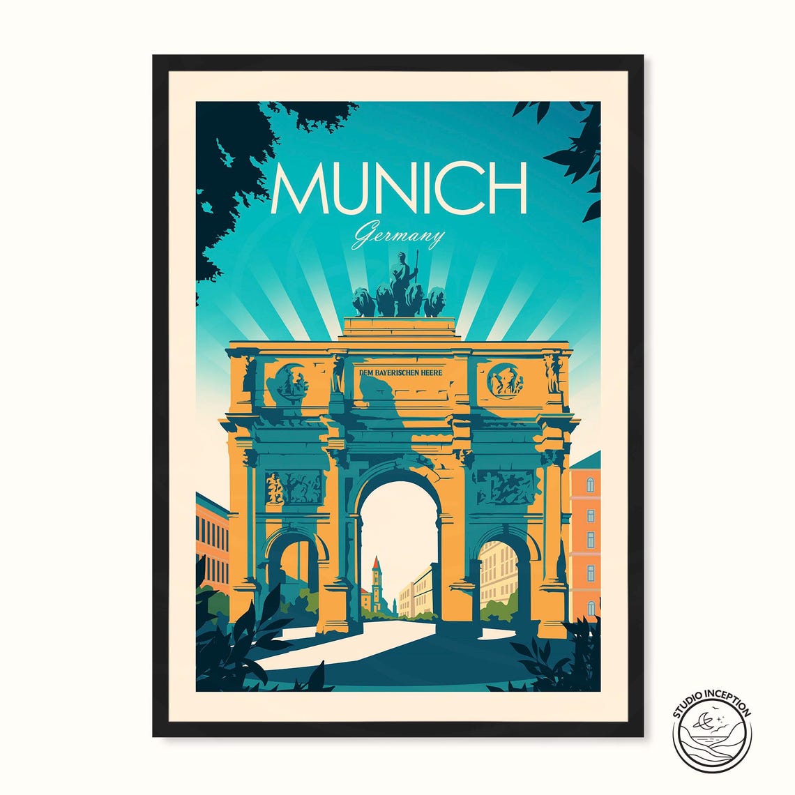 Munich Germany Siegestor Triumphal Arch Rays Vintage Travel Poster