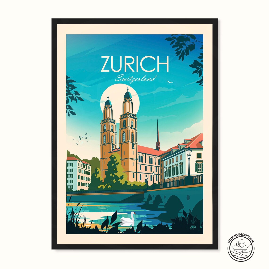 Zurich Traditional Travel Poster, Switzerland Cityscape