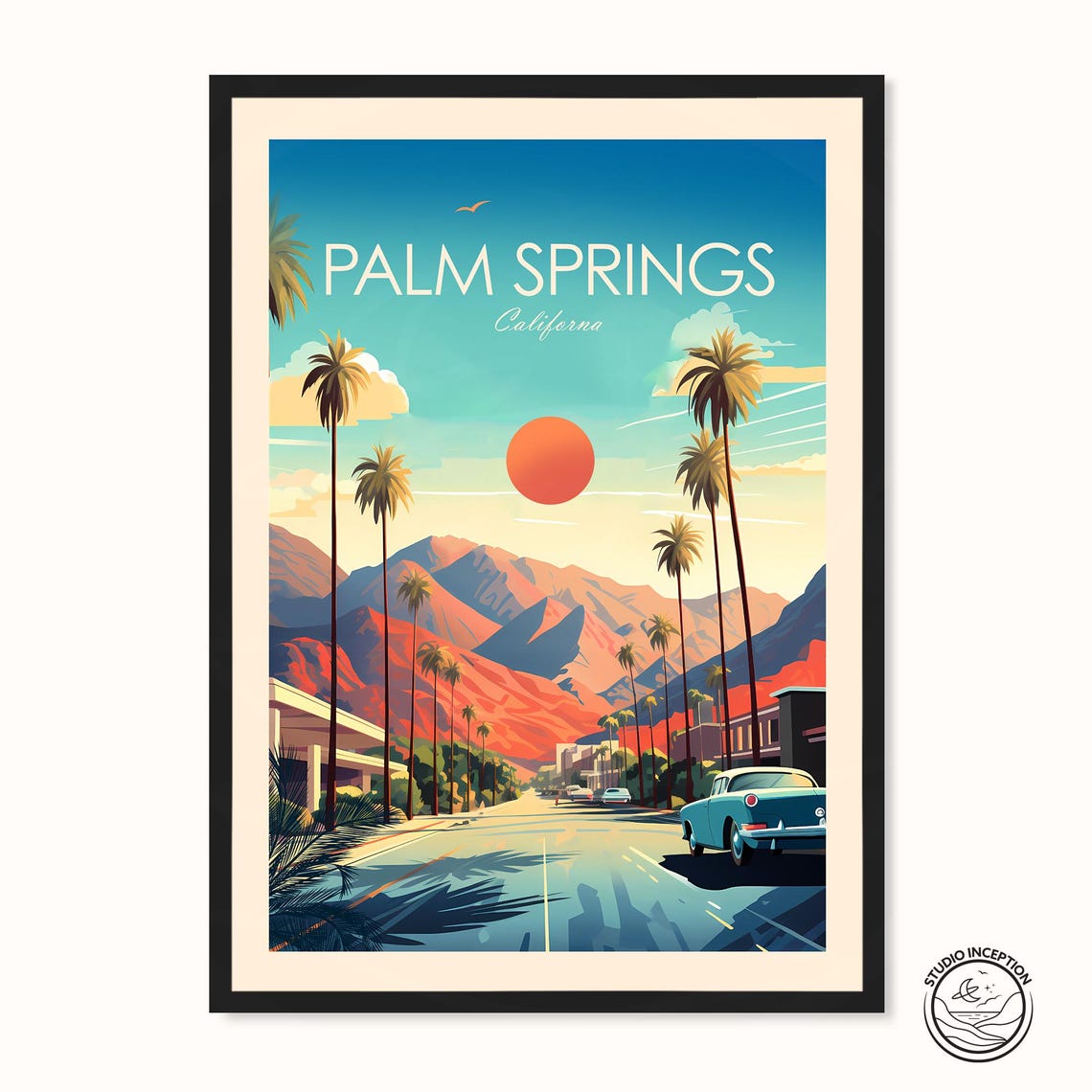 Palm Springs California Palm Lined Street Desert Mountain Poster