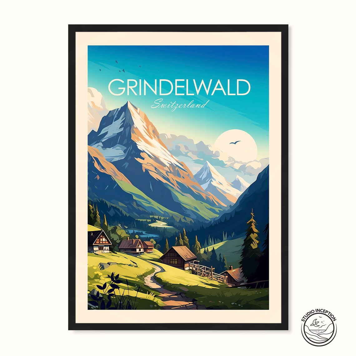 Grindelwald Switzerland Alpine Peaks and Village Chalets Travel Poster