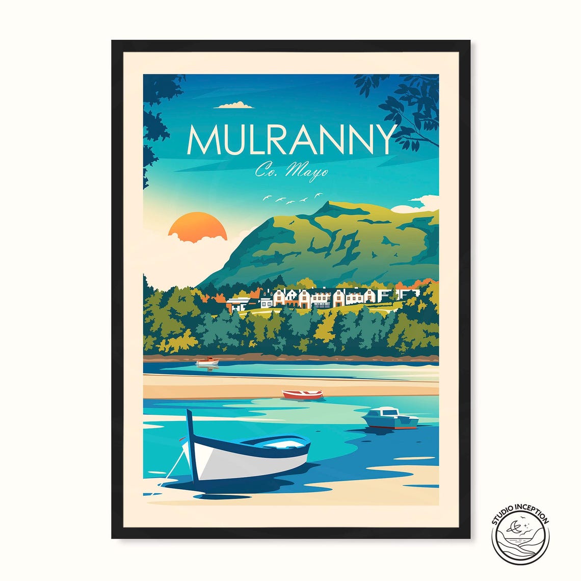 Mulranny County Mayo Ireland Bay Boats Mountain Coastal Poster