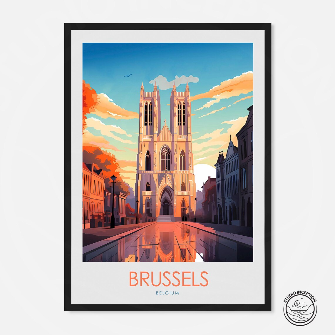 Brussels Belgium Cathedral Street Gothic Architecture Travel Poster
