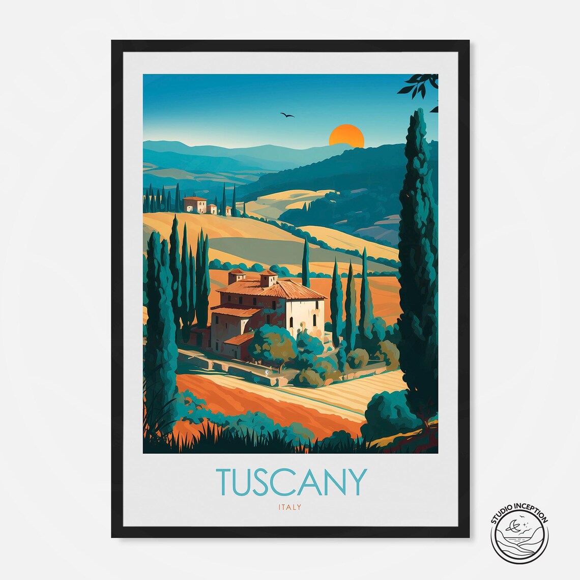 Tuscany Italy Cypress Villa Rolling Hills Sunset Countryside Poster