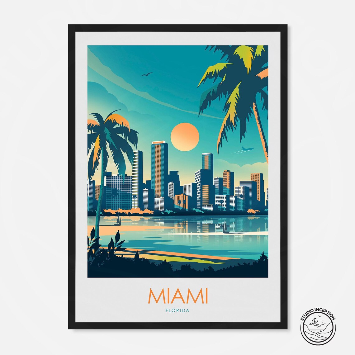 Miami Florida Skyline Palms Bay Sunset Vintage Travel Poster