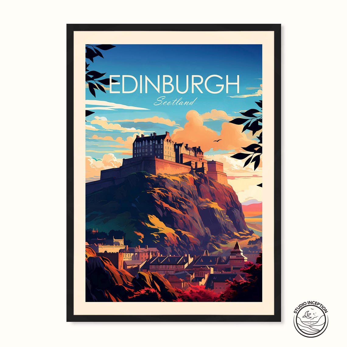 Edinburgh Scotland Castle Rock Skyline Traditional Travel Poster