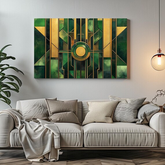 Sleek Green And Gold Art Deco 1920s Print Bold Statement Vibrant Metallic Look Geometric Colorful Shapes Zig Zags Rustic Art