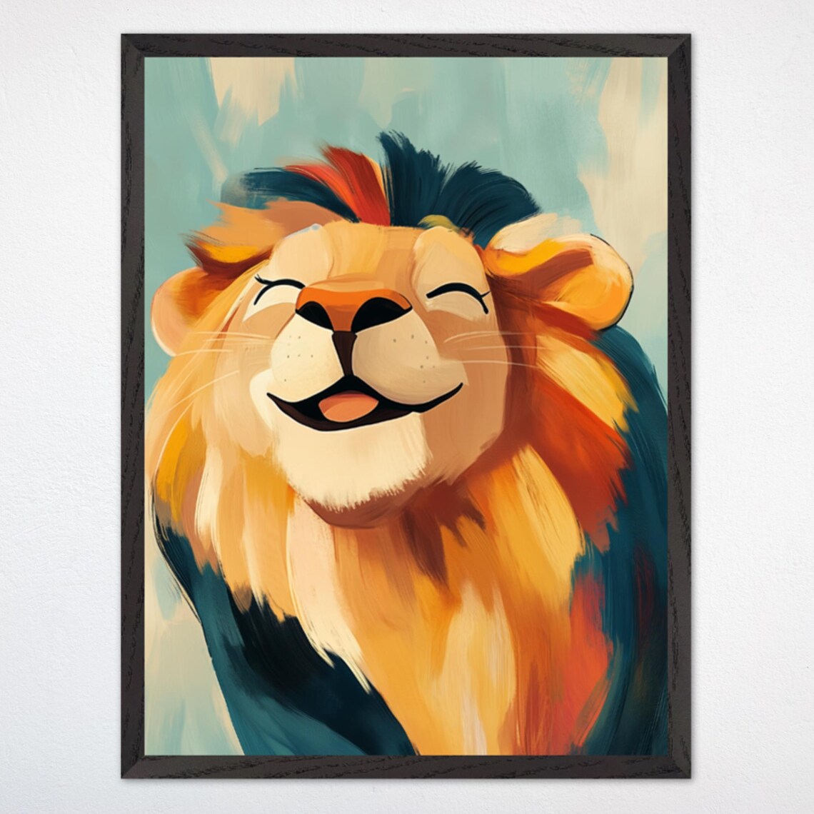 Smiling Lion Portrait Colorful Abstract Safari Nursery Poster