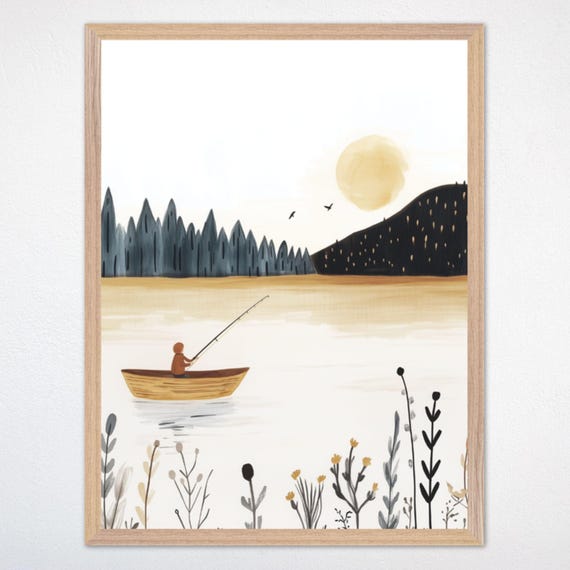 Mountain Fishing Nursery Wall Art Serene Lake Art Rustic Nature Poster Gender Neutral Kids Room Decor