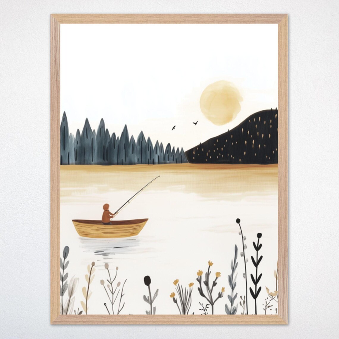 Boy Fishing from Wooden Boat on Calm Morning Lake Art Poster