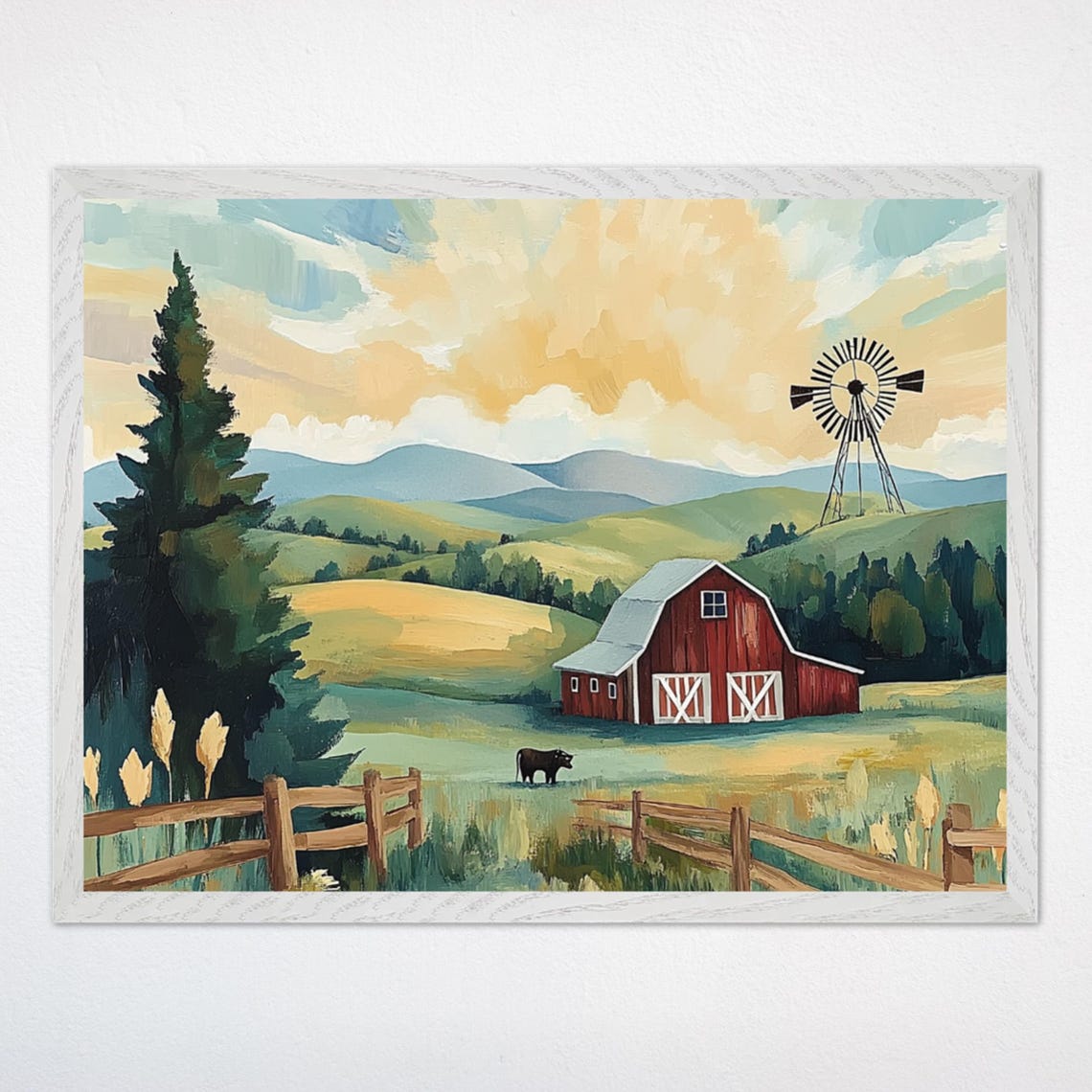 Red Barn Windmill and Cow in a Mountain Farm Landscape Art Poster