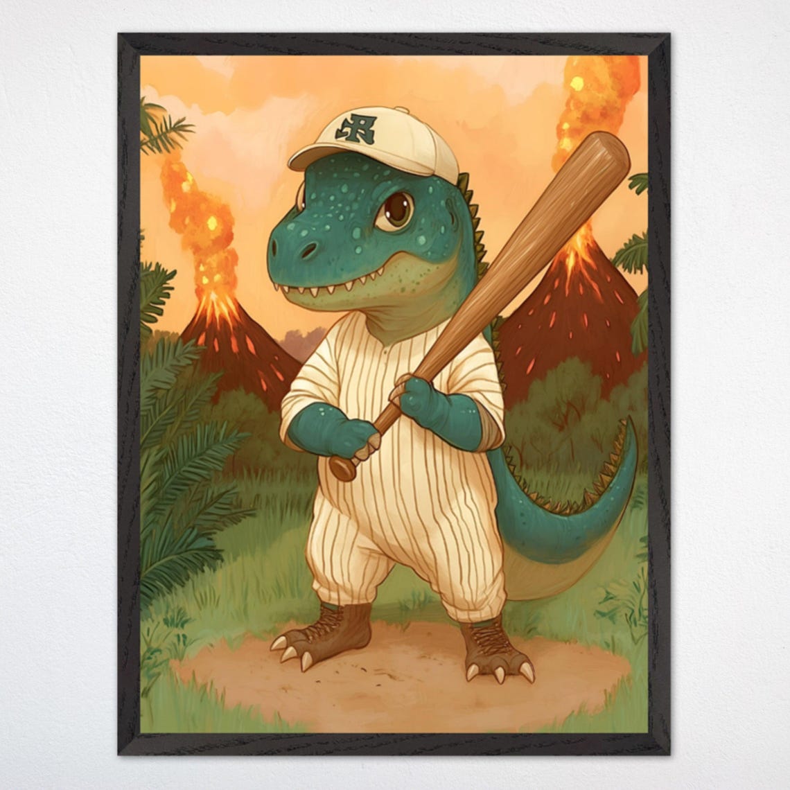 Baseball Dinosaur Wall Art Sporty Forest Nursery Decor Whimsical Dino Athlete Framed Poster For Boys Room